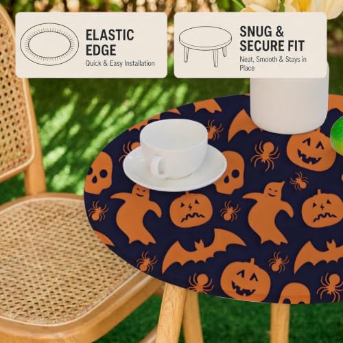 Halloween Black Outdoor Round Fitted Tablecloth 24 Inch with Orange Spider & Bats - Elastic, Washable, Wrinkle-Free