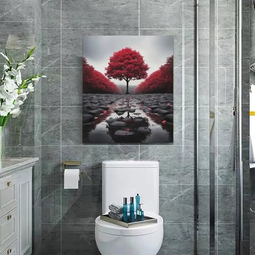 Red Tree Wall Art Canvas Print - Zen Stone River Landscape, Framed, 24x20 Inches - Black and White