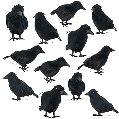 Halloween Black Feathered Crow Decorations - 12 Pack Lifelike Bird Props