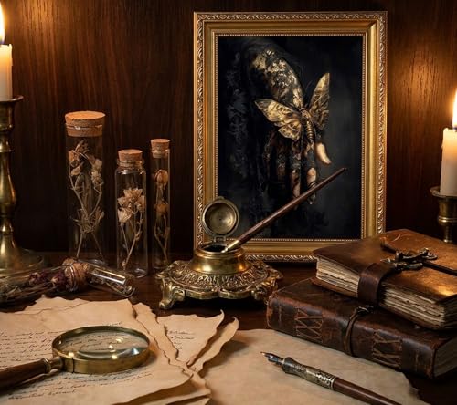Dark Academia Gothic Wall Art - Moths Lace Hand with Gold Frame 16x12in - Victorian Moody Artwork for Bedroom & Dorm - Variation of Moths Lace Hand Framed
