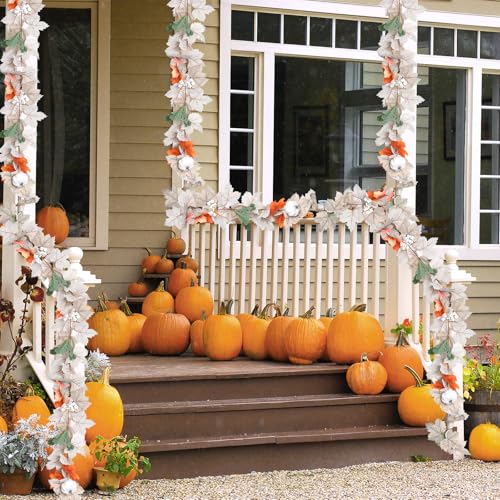 Fall Maple Leaf Garland with White Pumpkins & Berries - 2 Pack, 11.6 Ft Autumn Decor, Thanksgiving Halloween - White Fall Garlands