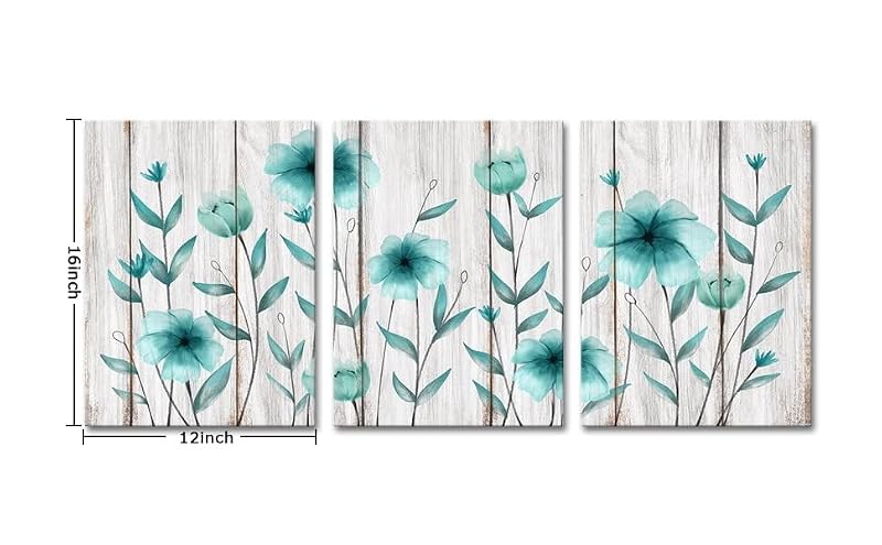 3 Piece Floral Canvas Wall Art Set - Teal Blue Flower Prints for Bedroom & Home Decor