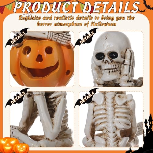 Halloween Skeleton Statue Set - See No Evil, Hear No Evil, Speak No Evil Sitting on Pumpkin