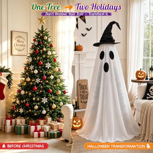 Halloween Ghost Tree Cover with Witch Hat for 6-7 Ft Christmas Trees - Spooky Seasonal Decor