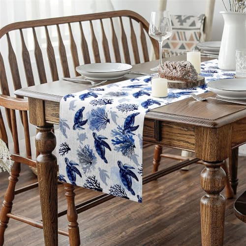 Sea Turtle Table Runner 90x13 Inch Ocean Table Decor - Jejeloiu