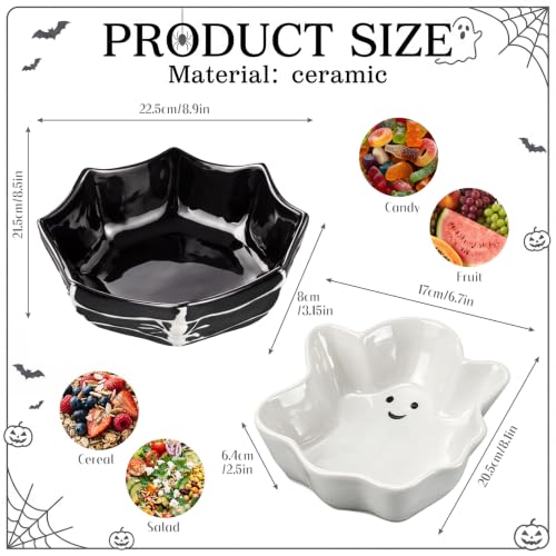 Halloween Ceramic Candy Bowls Set - Ghost and Spider Web Design, 2 Pieces, Black & White