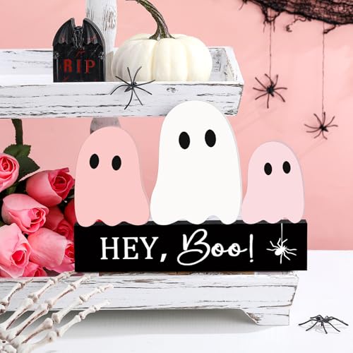 Pink Halloween Ghost Decor Set - Cute Wooden Signs for Tiered Tray & Table Display