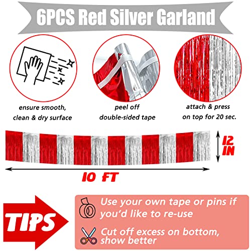 Metallic Fringe Garland Set - Red & Silver 6 Pack, 10ft Party Decorations