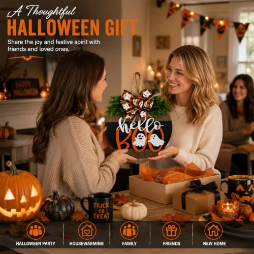 Halloween Wreaths for Front Door Cute Ghost Sign Decoration - Hello Boo Variation