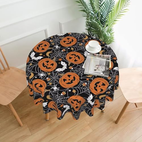 Halloween Tablecloth 60 Inch Round Black Pumpkins Web Design Stain-Resistant Polyester