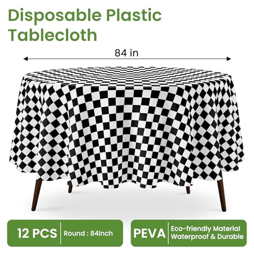 84-Inch Black Checkered Flag Round Plastic Tablecloth - 12 Pack, Disposable, Waterproof