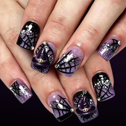 Halloween Short Square Press-On Nails with Spider Web Rhinestones - Purple Black, Reusable 24Pcs - Variation 26WSJ21