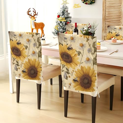 Dining Chair Covers Set of 2 - Sunflowers & Daisy Bees Pattern, Beige, 19.7x23.6 Inches - Halloween & Christmas Decor