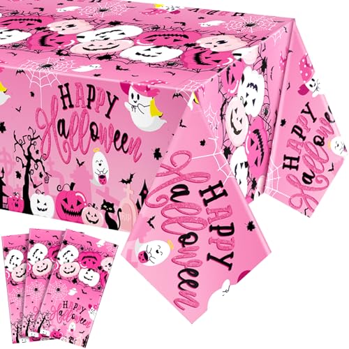 Halloween Plastic Tablecloth - Pink Pumpkin Ghost Bat Design, 54x108 Inches - Weird
