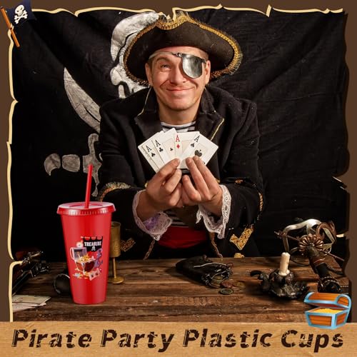 24 Pack Pirate Plastic Cups with Lids & Straws - 24 oz Reusable Party Tumblers - Pirate Themed Birthday & Party Favors - 6 Styles