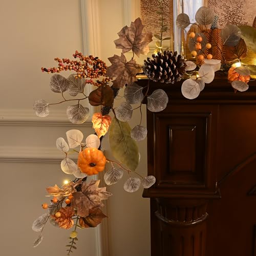 Fall Maple Leaves Garland with Pumpkins and LED Lights - 6ft Autumn Decor