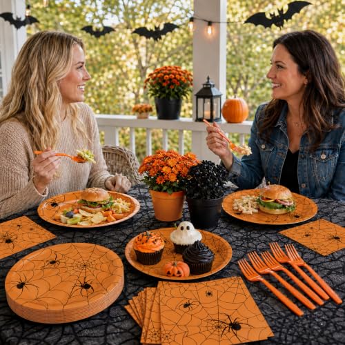 Orange Halloween Spider Web Paper Plates Napkins Party Set - 100 Pcs