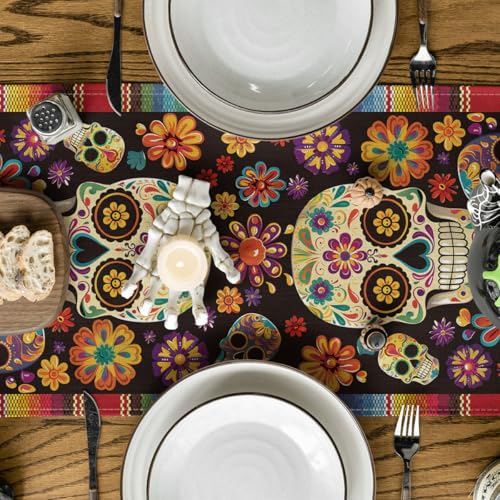 Flowers Sugar Skull Table Runner - Day of The Dead Mexican Decor 13x108 Inch - Red & Blue Variation