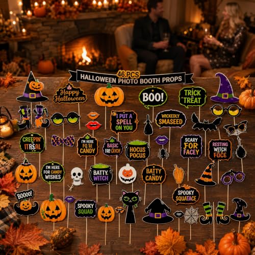 Halloween Photo Booth Props Kit - 30PCS with Stickers & Glue Dots - Pumpkin, Witch Hat, Skull, Bat, Spider - 46 Variation