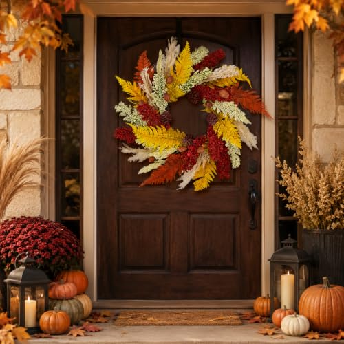 Aelora 24 Inch Fall Wreath for Front Door - Pine Cones, Wheat Ears, Autumn Decor - Variation A