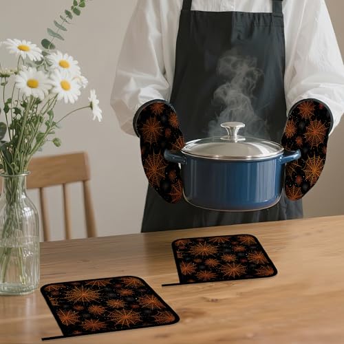 Halloween Spider Web Oven Mitts and Pot Holders Set - Heat Resistant Kitchen Decor, 4 Piece Halloween Kitchen Accessories