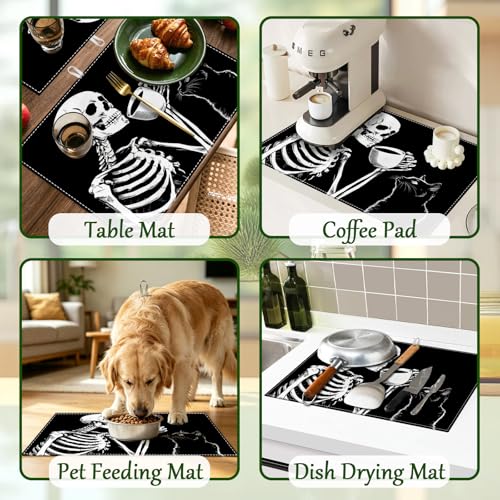 Skeleton Coffee Cat Dish Drying Mat - Reversible Black & White Microfiber Kitchen Rug 18x24 Inch
