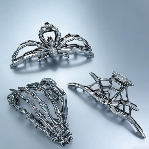 Gothic Hair Claw Clips Set - Spider Skeleton, Cobweb & Bone Hand Design