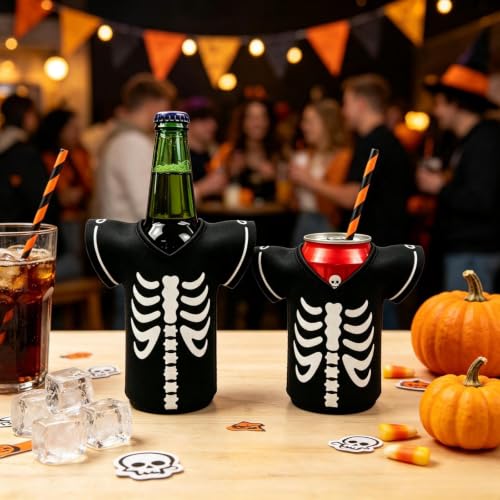 Skeleton Halloween Drink Sleeve 2 Pack - Neoprene Can & Bottle Cooler - Bone Skeleton Variation