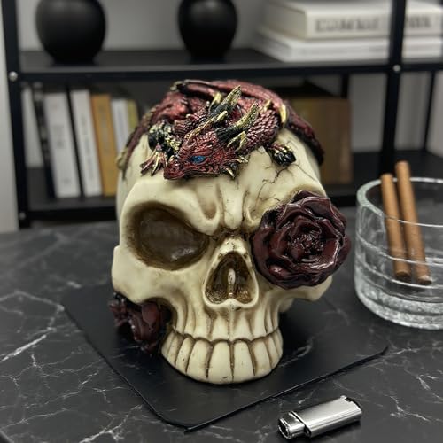 Gothic Red Dragon Skull Figurine with Roses - Fantasy Mythical Decor Statue