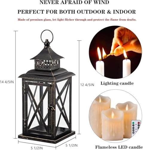 Black Indoor & Outdoor Decorative Lanterns - 2 Pack Large Hanging Candle Holders for Porch & Patio