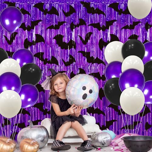 Halloween Purple Fringe Curtain with Bat Decorations - 2 Pack, 3.3 x 6.6 ft