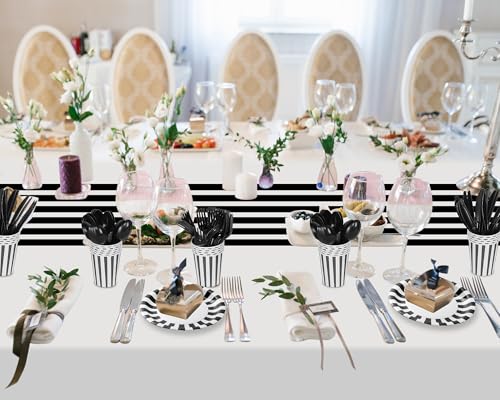 White Black Disposable Dinnerware Set for Parties - 154 Pcs Party Supplies with Napkins & Tablecloths
