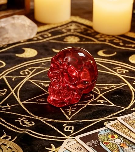 Red Crystal Skull Figurine - Handmade Glass Gothic Decor, Compact Size
