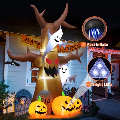 12 Ft Halloween Inflatable Tree with Pumpkins Ghost Tombstones LED Lights Outdoor Decor