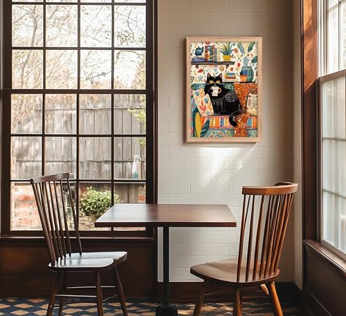 Black Cat Coffee Framed Wall Art - 16x12 Inches Kitchen Decor
