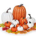 Artificial Pumpkin Set with Maple Leaves for Fall Halloween Thanksgiving Decor - 12pcs