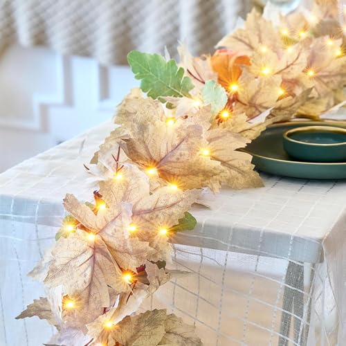 9ft Fall Garland Lights with 50 Warm Incandescent Bulbs - Indoor Outdoor Thanksgiving Decor