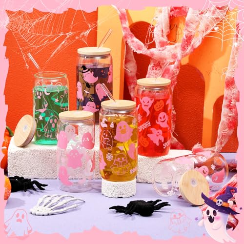 Halloween Glass Cups with Bamboo Lids & Straws - 12 Pink Ghost Skull Bat Designs 16oz