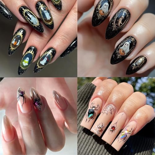 Goth Ghost Halloween Nail Stickers - 2 Sheets 5D Embossed Spider Web Rhinestones for Nail Art - Variation Goth Ghost-14