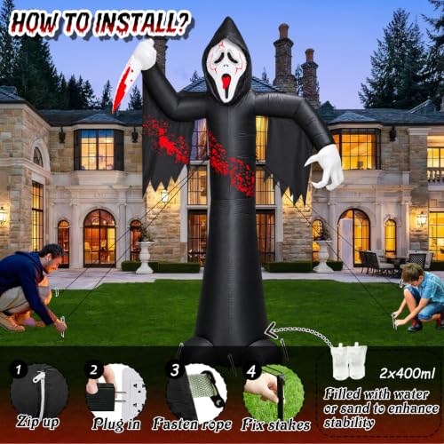Skull Halloween Inflatable Decoration - 12FT Grim Reaper with LED Lights