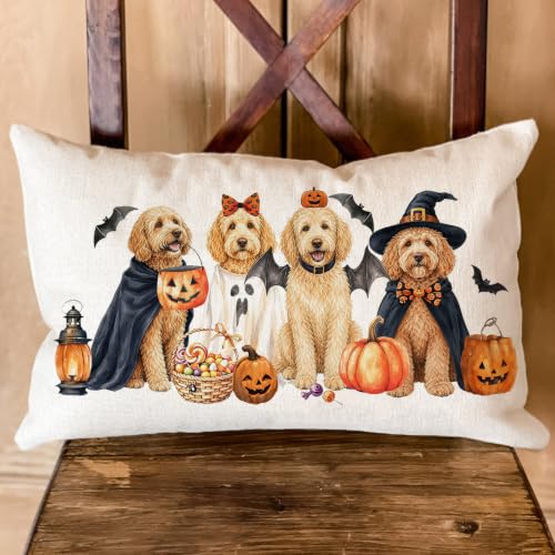 Halloween Pillow Cover 12x20 Ghost Witch Golden Poodle Variation Decorative Throw Pillowcase