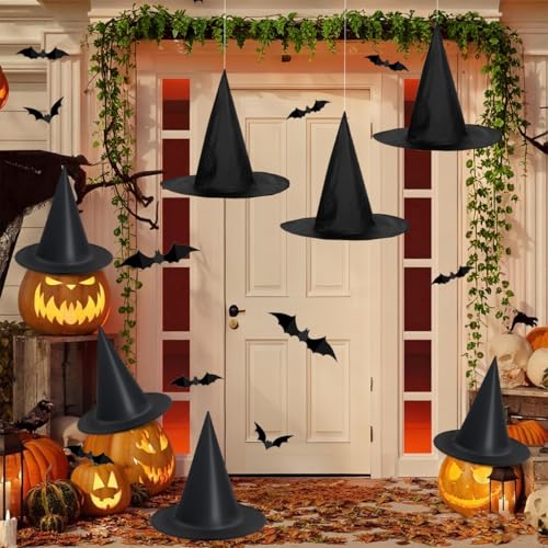 Halloween Witch Hats Set with Bat Wall Decals & Hanging Cord - Yard & Porch Decor