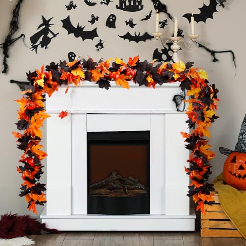 Orange Black Maple Leaf Garland 5.7Ft - 2 Pack Halloween Fall Autumn Decor