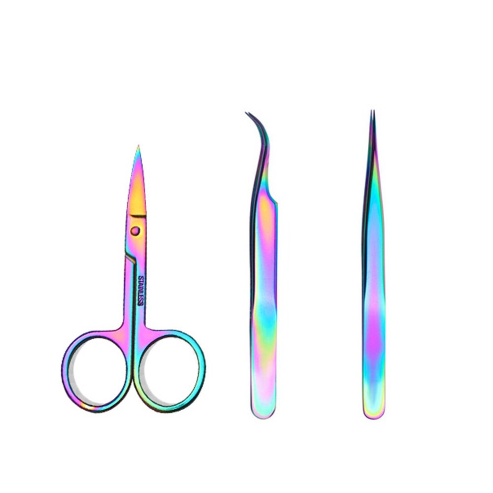 WOKOTO Nail Tweezers And Scissors Kit Straight Curved Rainbow Stainless Steel Precision Tweezers Set For Nail Art Sticker Rhinestone Eyelash Extensions Picker Tools