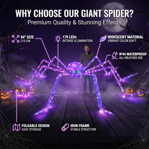 7FT Outdoor Halloween Spider Decor with 170 Lights - Giant Lighted Yard Prop