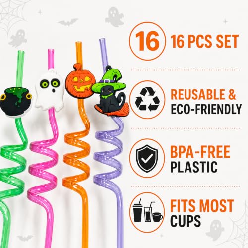Halloween Theme Plastic Curly Drinking Straws with Charms - 16 Pcs Reusable
