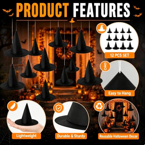 Halloween Hanging Witch Hat Decorations, 12 Pack Floating Witch Hats