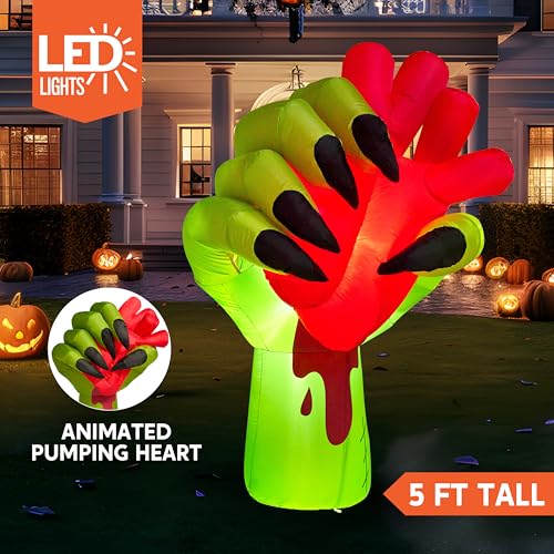 5 Ft Halloween Inflatable Zombie Hand with Pumping Heart & LED Lights for Yard Decor