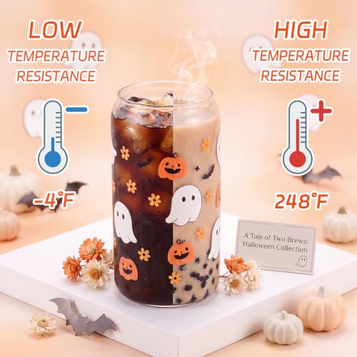 Halloween Ghost Glass Cup with Lid & Straw - Spooky Pumpkin Design - 16oz - Halloween Variation