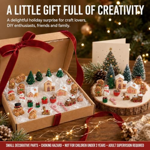 Christmas Gingerbread Mini Figurines Set - 36 Tiny Resin Decorations - Gingerbread House, Trees, Reindeer & More - Variation: Christmas Gingerbread